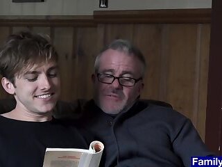 Stepdad and stepgrandpa spitroast curious teen bareback